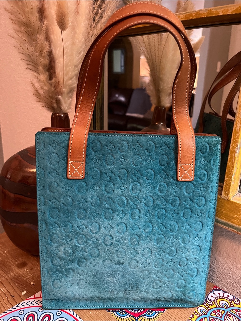 Celine Teal Suede Tote with Tan Leather Handles